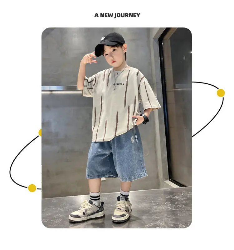 Boys Summer T-Shirt Set Red Striped Denim Shorts 2026 — feature 21