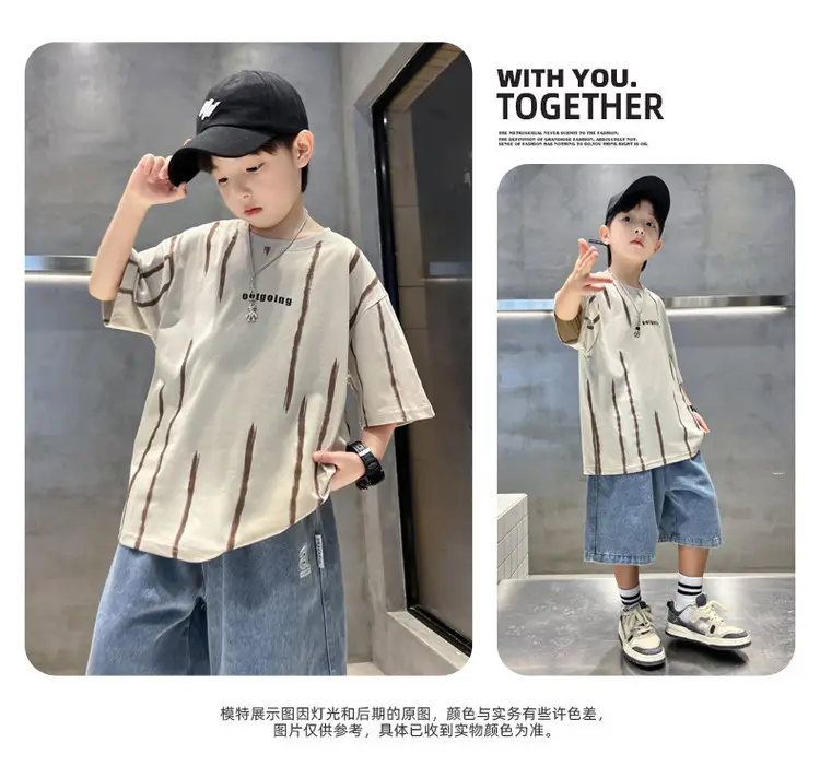 Boys Summer T-Shirt Set Red Striped Denim Shorts 2026 — feature 22