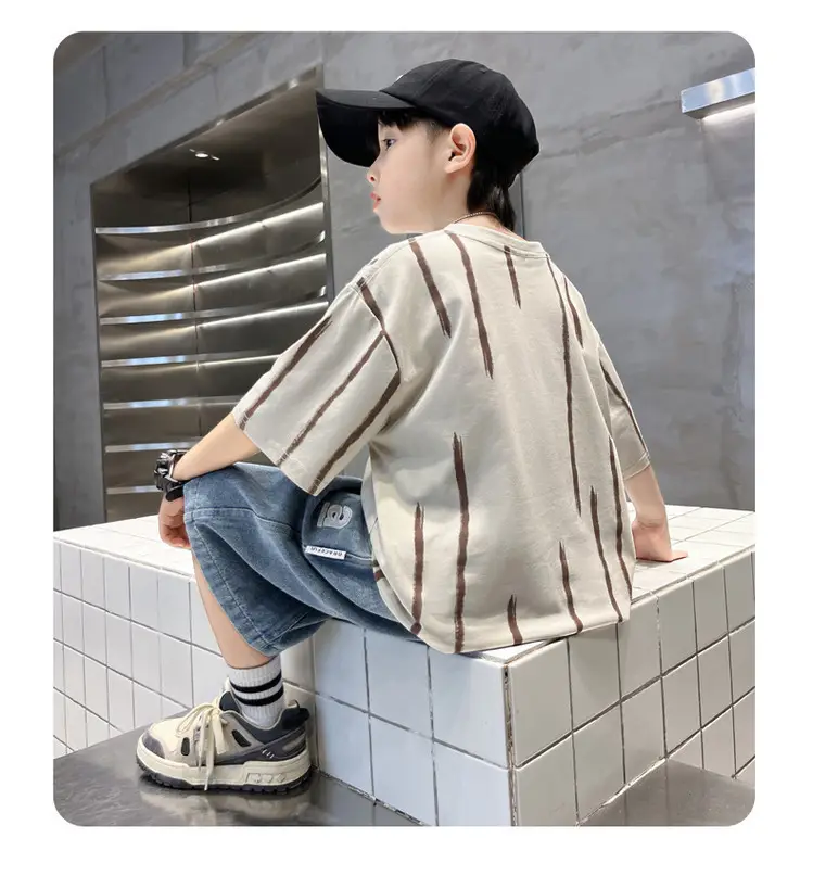 Boys Summer T-Shirt Set Red Striped Denim Shorts 2026 — feature 23