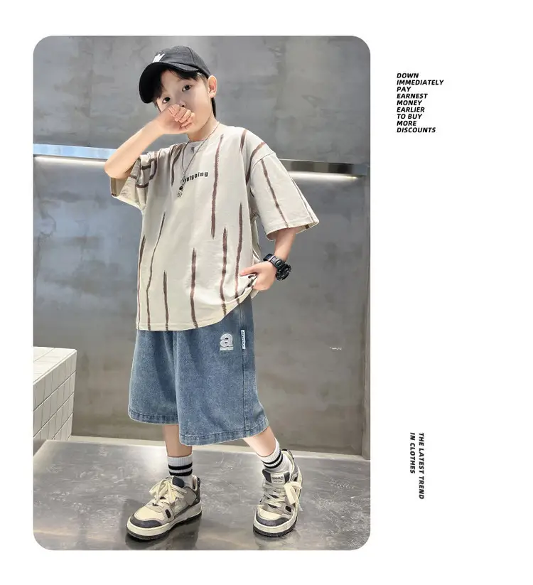 Boys Summer T-Shirt Set Red Striped Denim Shorts 2026 — feature 24
