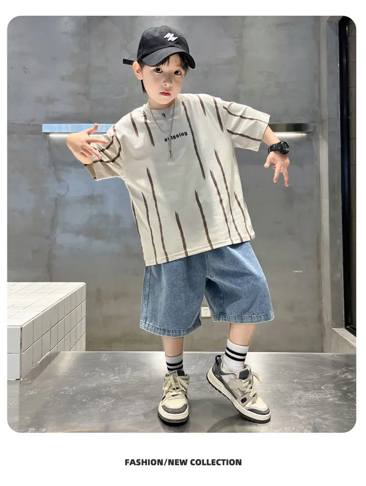 Boys Summer T-Shirt Set Red Striped Denim Shorts 2026 — feature 25