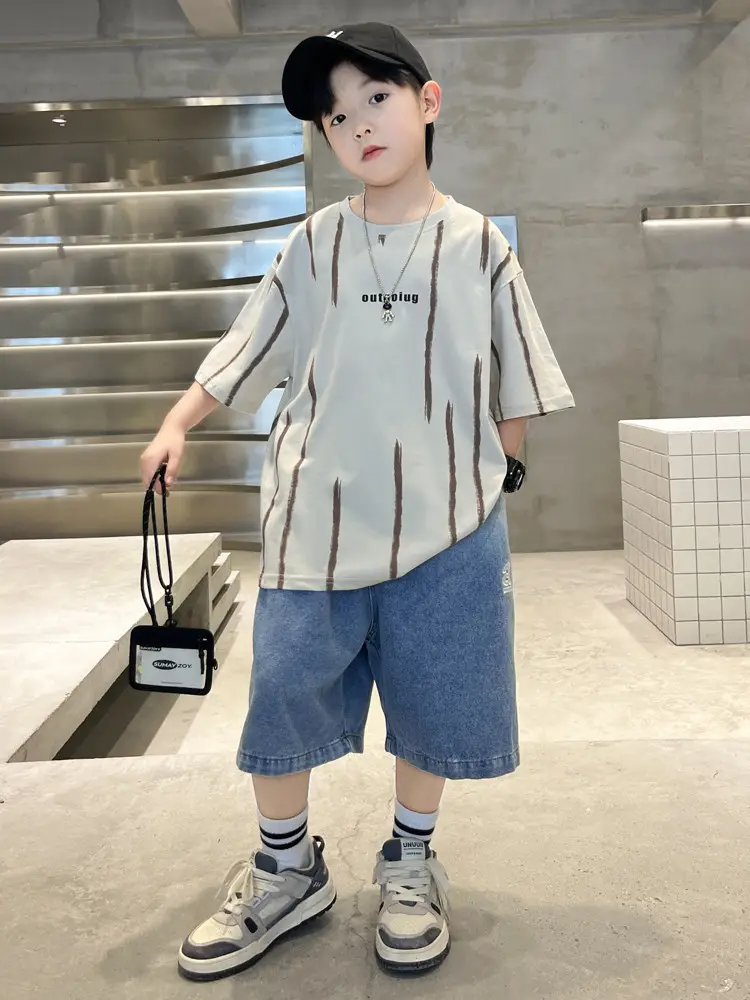 Boys Summer T-Shirt Set Red Striped Denim Shorts 2026 — feature 26