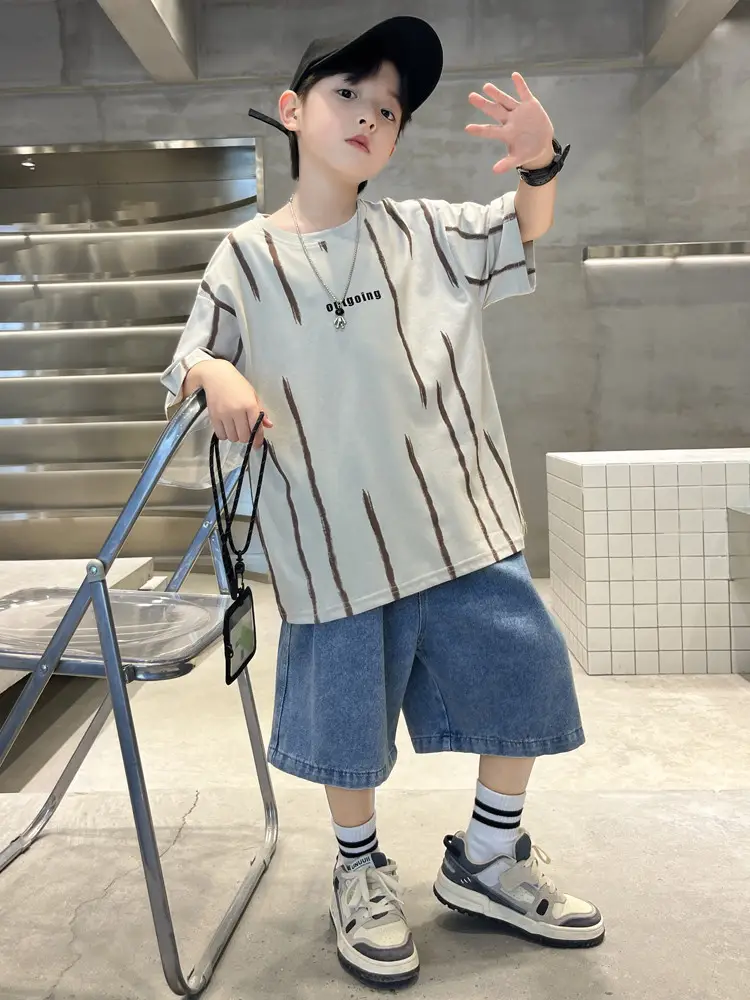 Boys Summer T-Shirt Set Red Striped Denim Shorts 2026 — feature 27