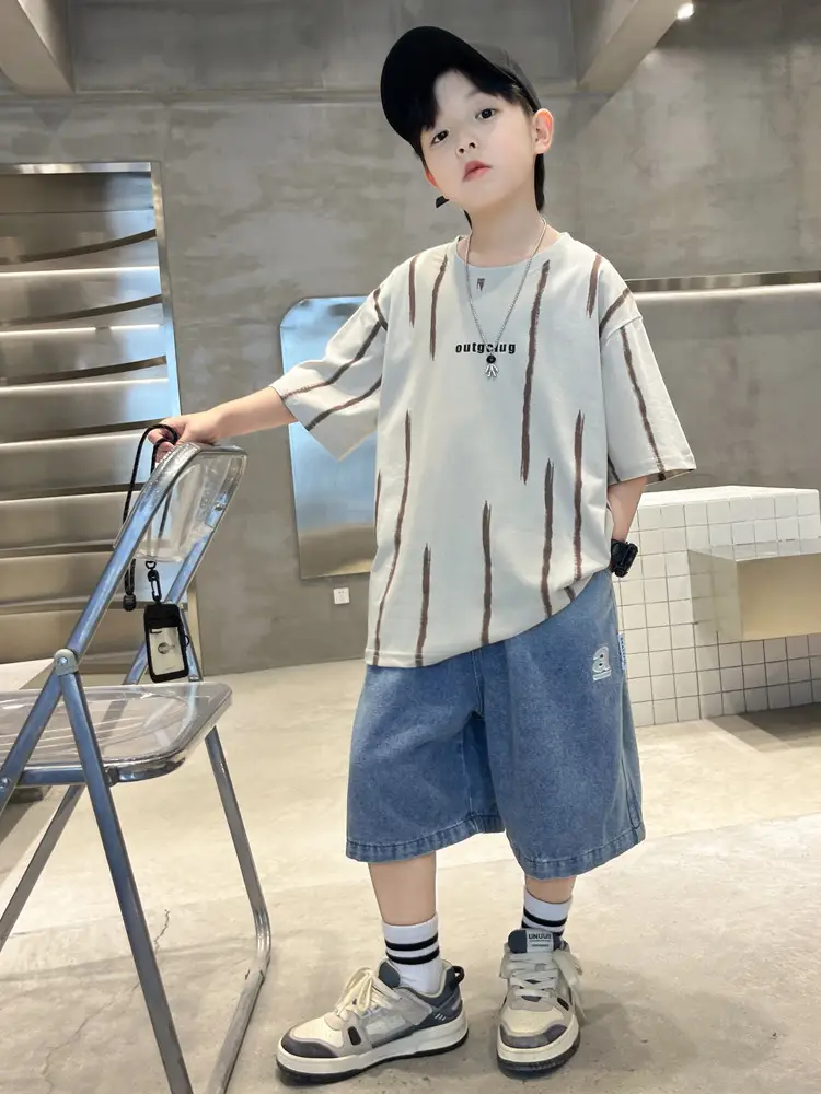 Boys Summer T-Shirt Set Red Striped Denim Shorts 2026 — feature 28