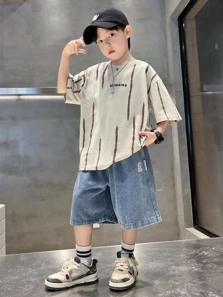 Boys Summer T-Shirt Set Red Striped Denim Shorts 2026 — feature 31