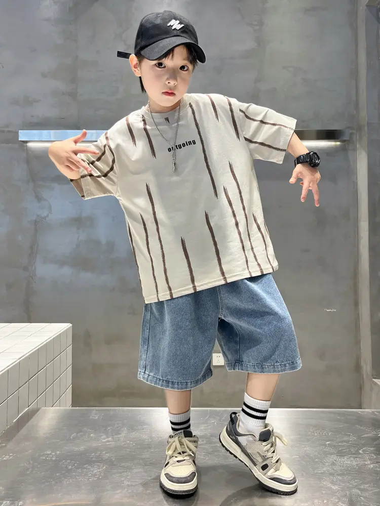 Boys Summer T-Shirt Set Red Striped Denim Shorts 2026 — feature 32