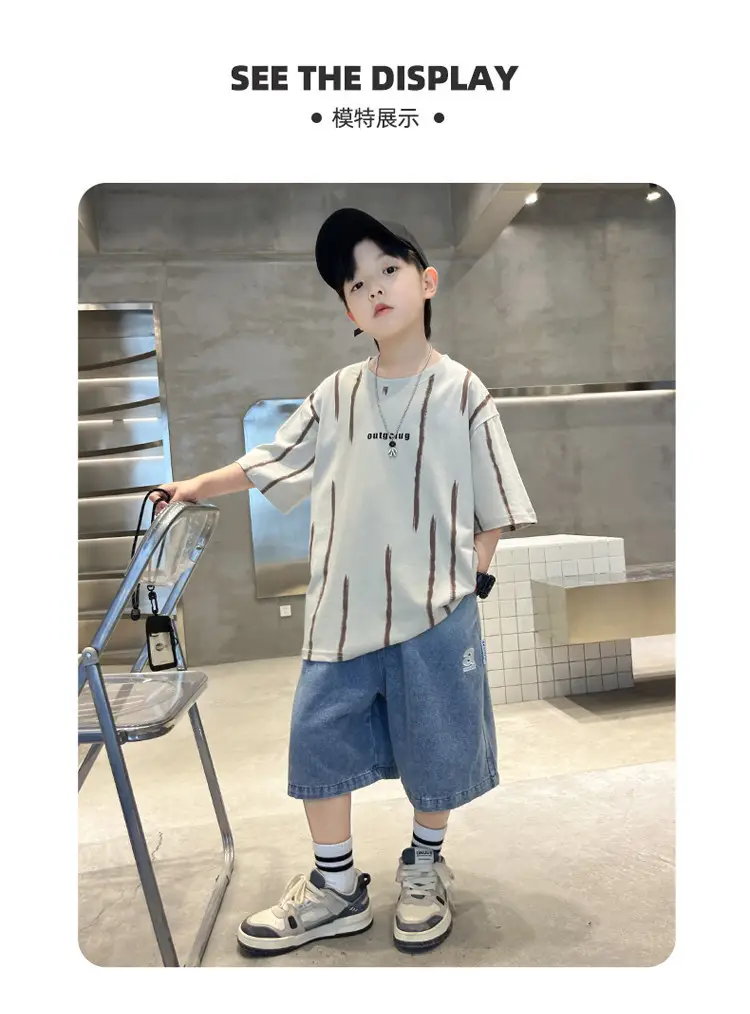 Boys Summer T-Shirt Set Red Striped Denim Shorts 2026 — feature 39