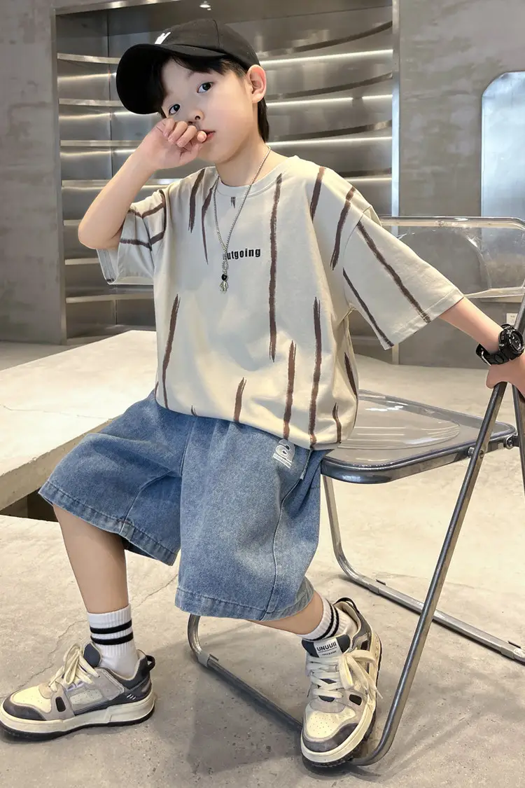 Boys Summer T-Shirt Set Red Striped Denim Shorts 2026 — feature 4