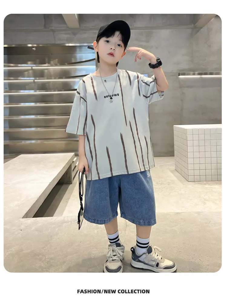 Boys Summer T-Shirt Set Red Striped Denim Shorts 2026 — feature 44
