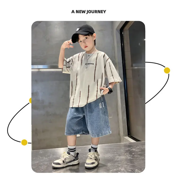 Boys Summer T-Shirt Set Red Striped Denim Shorts 2026 — feature 46