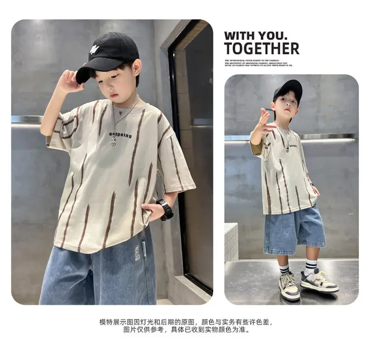 Boys Summer T-Shirt Set Red Striped Denim Shorts 2026 — feature 47