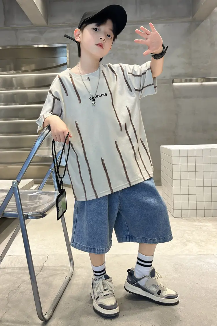 Boys Summer T-Shirt Set Red Striped Denim Shorts 2026 — feature 5
