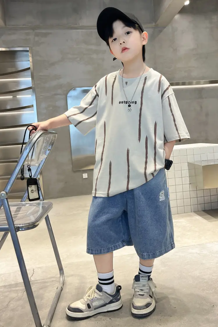 Boys Summer T-Shirt Set Red Striped Denim Shorts 2026 — feature 6