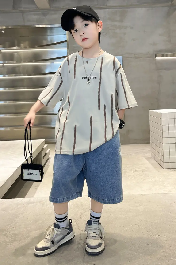 Boys Summer T-Shirt Set Red Striped Denim Shorts 2026 — feature 7