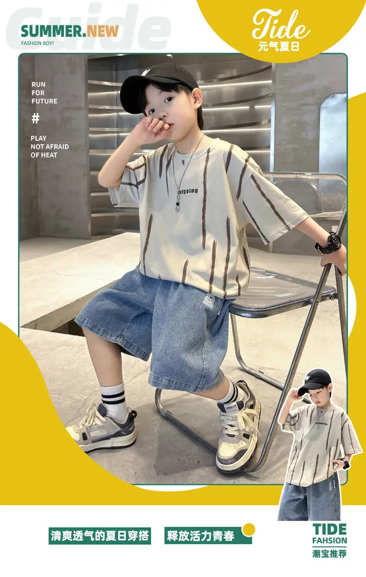 Boys Summer T-Shirt Set Red Striped Denim Shorts 2026 — feature 8