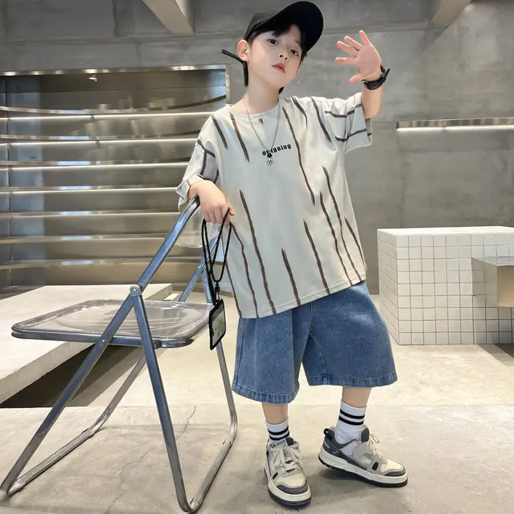 Boys Summer T-Shirt Set Red Striped Denim Shorts 2026