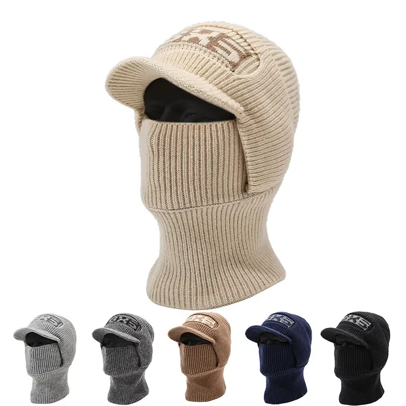 Winter Men's Beige Velvet Beanie with Face Mask - Image 8