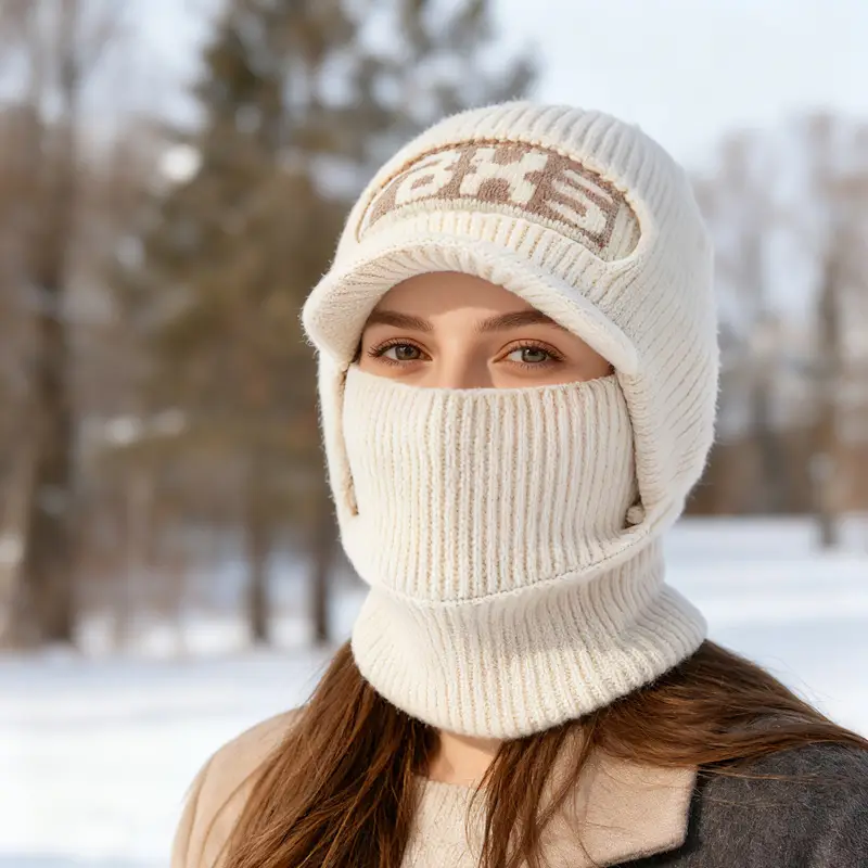 Winter Men's Beige Velvet Beanie with Face Mask - Image 9