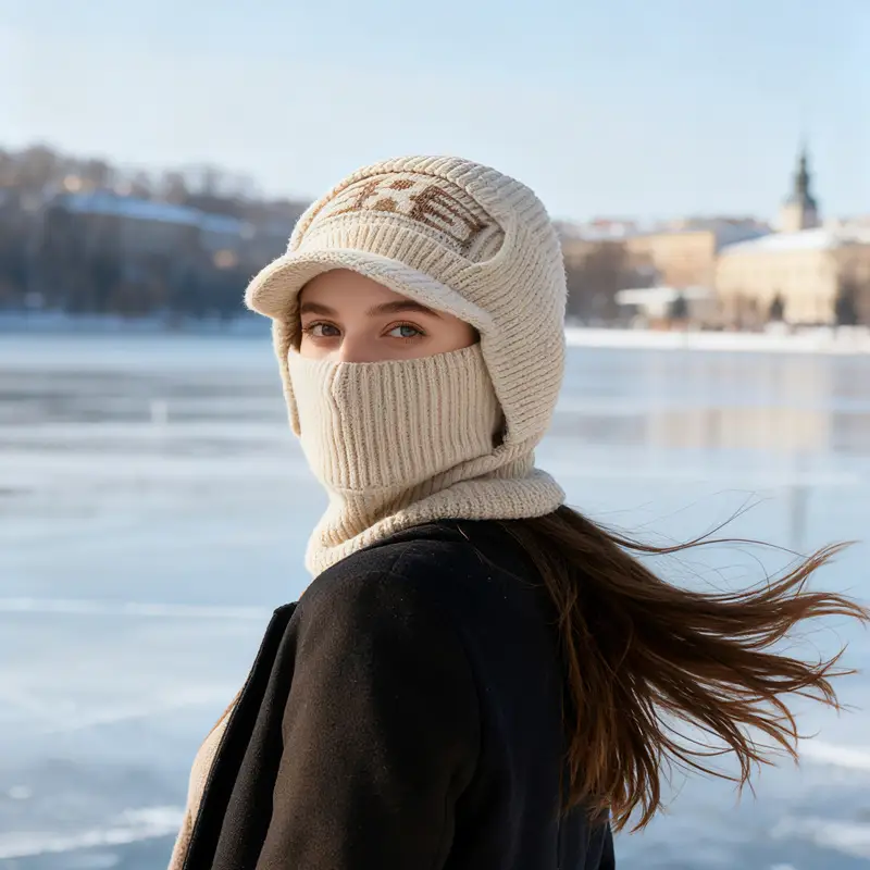 Winter Men's Beige Velvet Beanie with Face Mask - Image 10