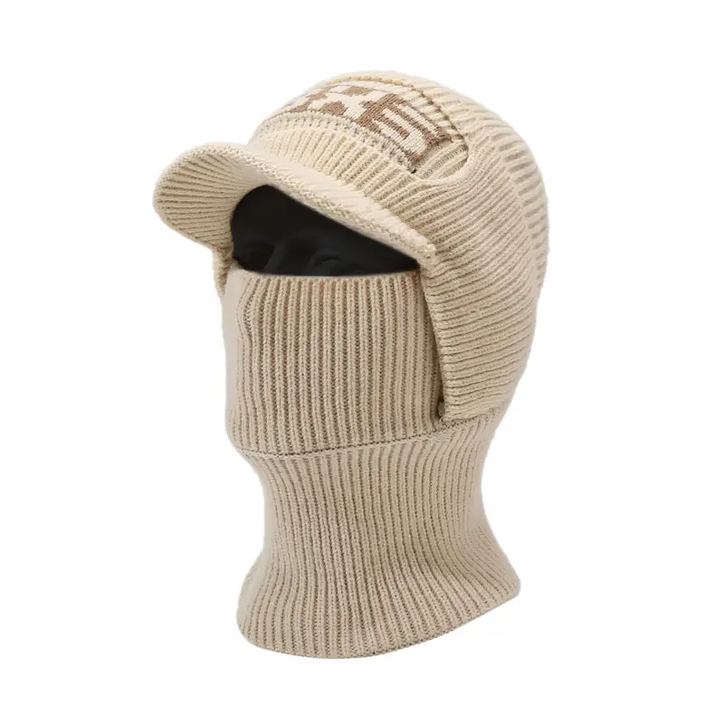 Winter Men's Beige Velvet Beanie with Face Mask - Image 11