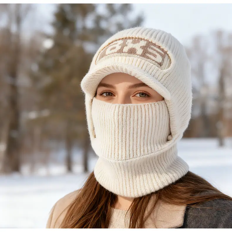 Winter Men's Beige Velvet Beanie with Face Mask — feature 1