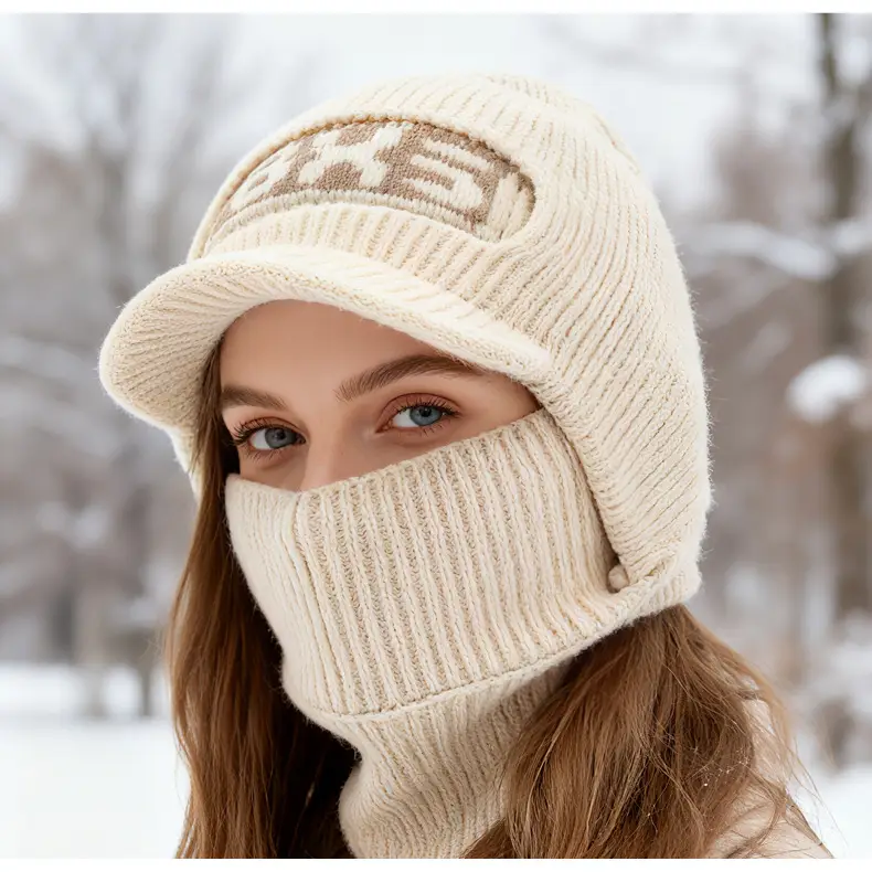 Winter Men's Beige Velvet Beanie with Face Mask — feature 3