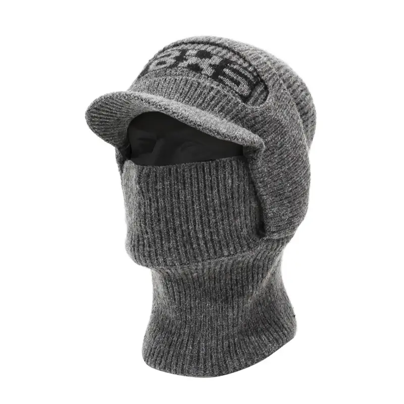 Winter Men's Beige Velvet Beanie with Face Mask - Image 2