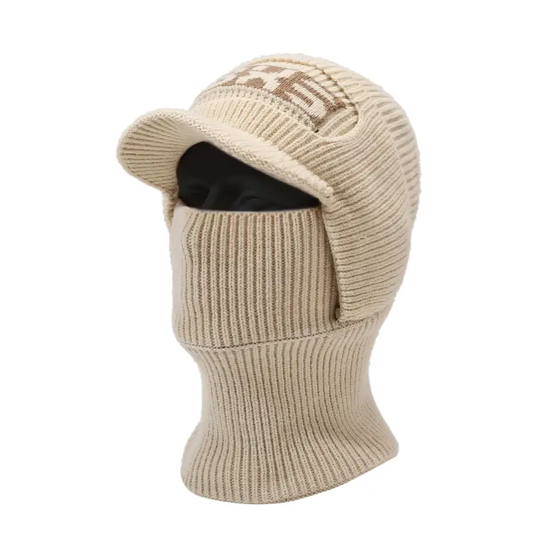 Winter Men's Beige Velvet Beanie with Face Mask - Image 5