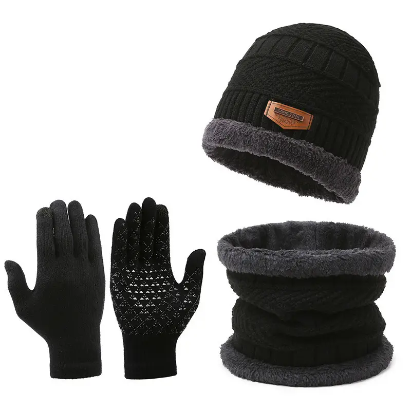 Cross-Border Set of Hats, Men's Winter Scarf, Gloves, Three-Piece Set, Integrated Neck Warmer, Fleece-Lined, Warm Winter Knitted Hat
