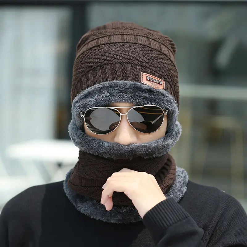 Cross-Border Set of Hats, Men's Winter Scarf, Gloves, Three-Piece Set, Integrated Neck Warmer, Fleece-Lined, Warm Winter Knitted Hat