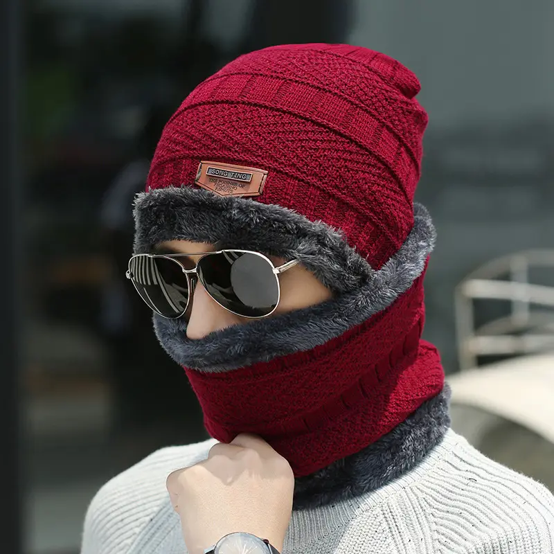 Cross-Border Set of Hats, Men's Winter Scarf, Gloves, Three-Piece Set, Integrated Neck Warmer, Fleece-Lined, Warm Winter Knitted Hat