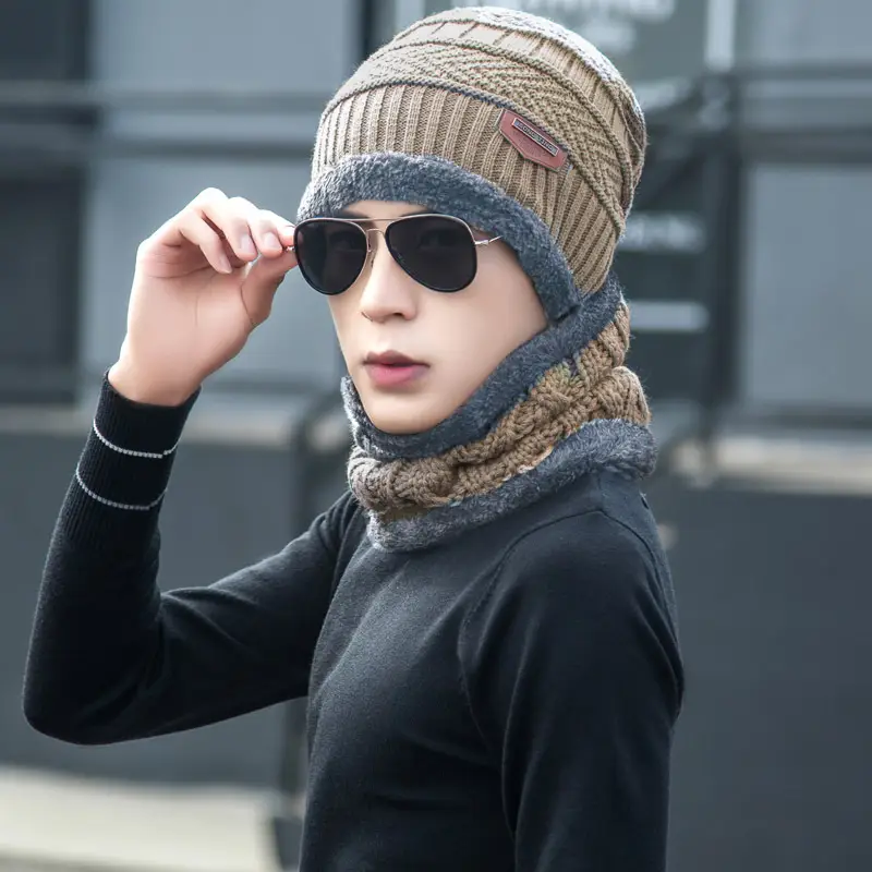 Cross-Border Set of Hats, Men's Winter Scarf, Gloves, Three-Piece Set, Integrated Neck Warmer, Fleece-Lined, Warm Winter Knitted Hat
