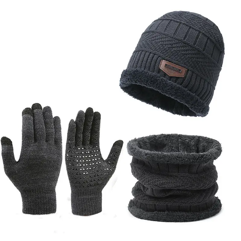 Cross-Border Set of Hats, Men's Winter Scarf, Gloves, Three-Piece Set, Integrated Neck Warmer, Fleece-Lined, Warm Winter Knitted Hat