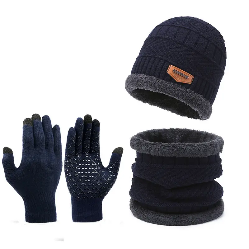 Cross-Border Set of Hats, Men's Winter Scarf, Gloves, Three-Piece Set, Integrated Neck Warmer, Fleece-Lined, Warm Winter Knitted Hat