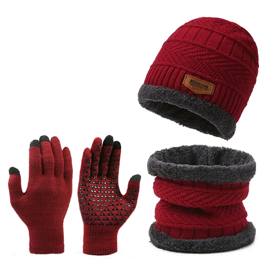 Cross-Border Set of Hats, Men's Winter Scarf, Gloves, Three-Piece Set, Integrated Neck Warmer, Fleece-Lined, Warm Winter Knitted Hat
