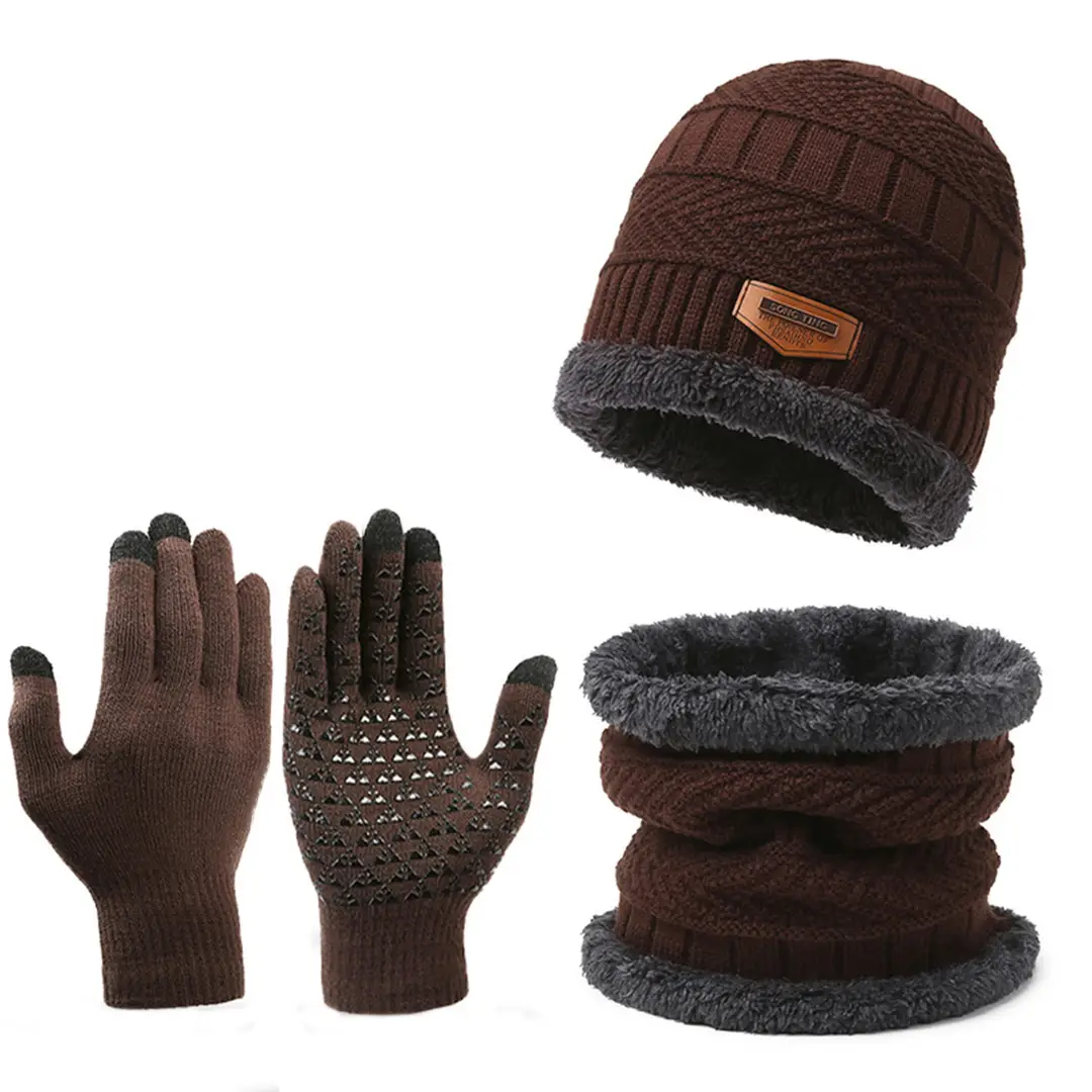 Cross-Border Set of Hats, Men's Winter Scarf, Gloves, Three-Piece Set, Integrated Neck Warmer, Fleece-Lined, Warm Winter Knitted Hat