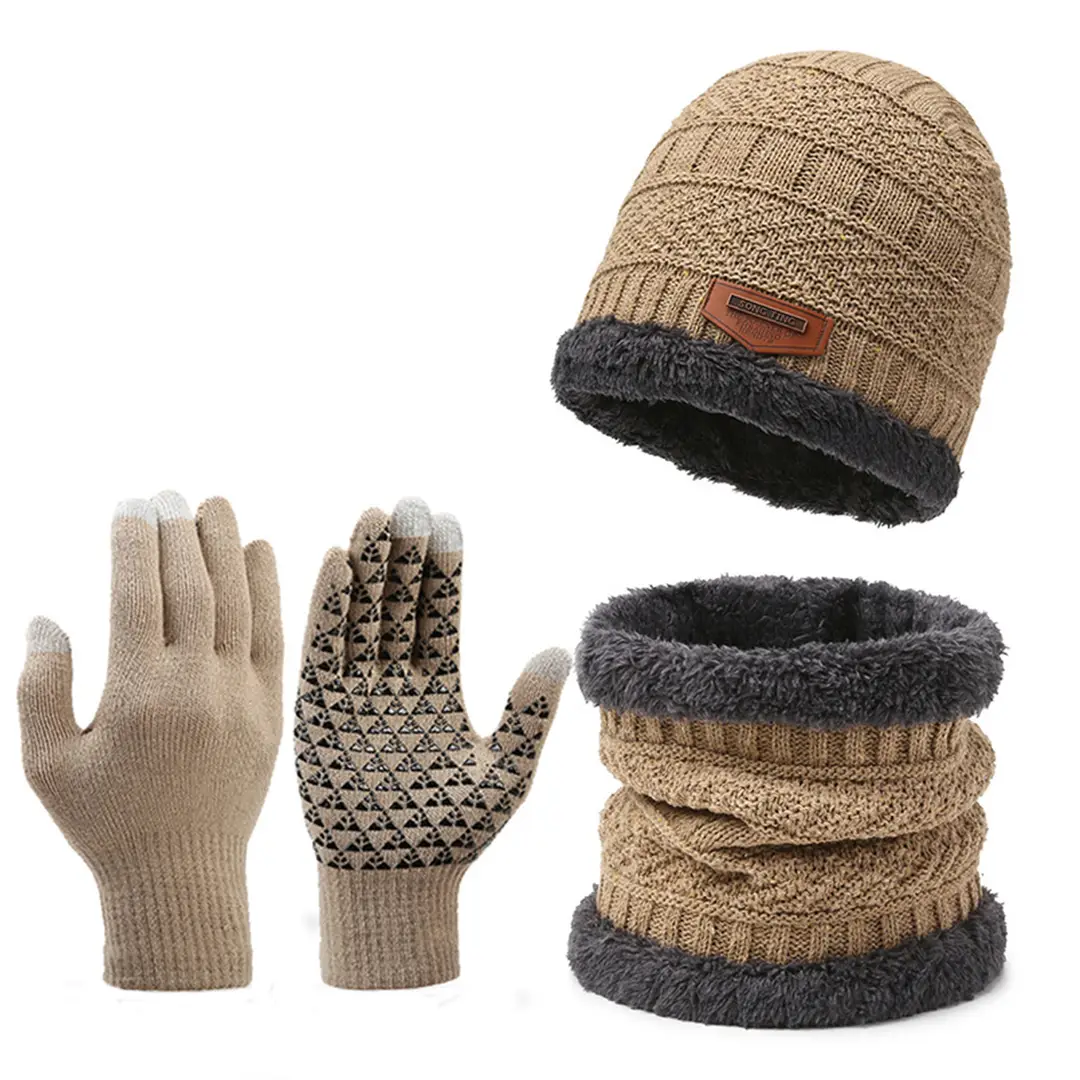 Cross-Border Set of Hats, Men's Winter Scarf, Gloves, Three-Piece Set, Integrated Neck Warmer, Fleece-Lined, Warm Winter Knitted Hat