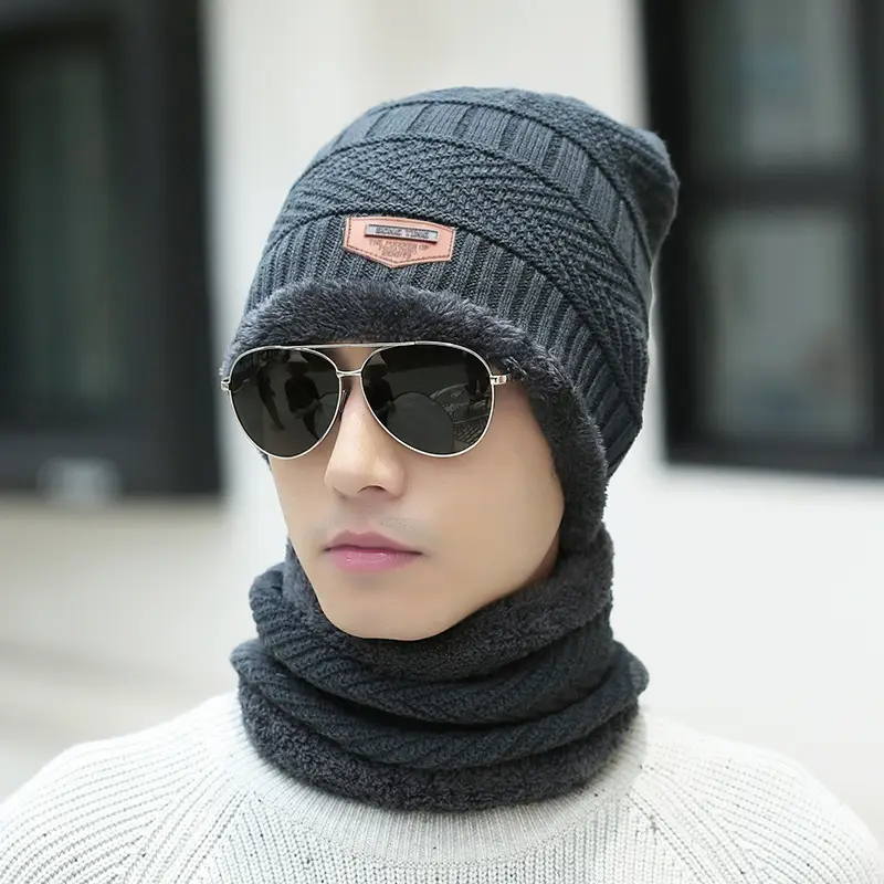 Cross-Border Set of Hats, Men's Winter Scarf, Gloves, Three-Piece Set, Integrated Neck Warmer, Fleece-Lined, Warm Winter Knitted Hat
