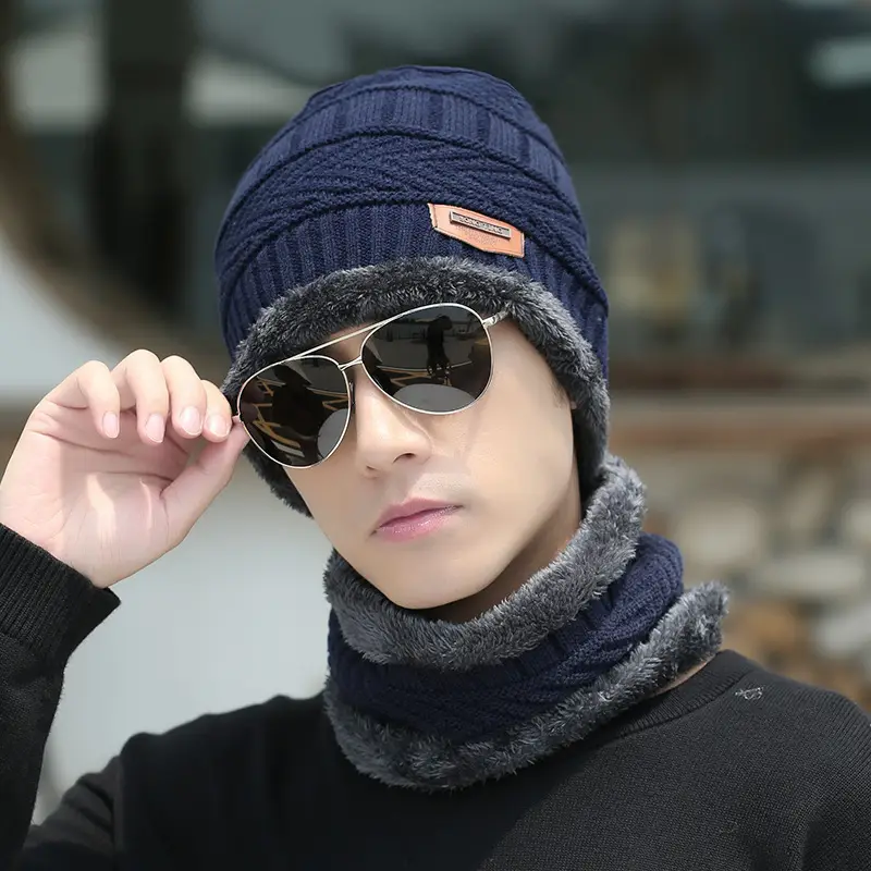 Cross-Border Set of Hats, Men's Winter Scarf, Gloves, Three-Piece Set, Integrated Neck Warmer, Fleece-Lined, Warm Winter Knitted Hat