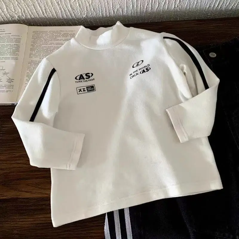 Autumn Winter Fleece Lined Boys T-Shirt Black White - Image 2