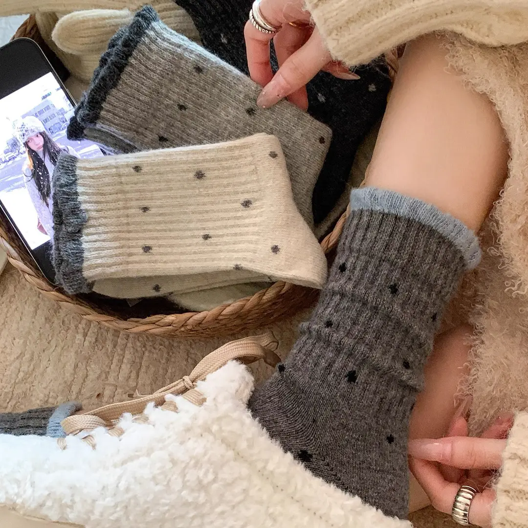 Polka Dot Socks for Women, Mid-Calf Socks, Warm Gray Series, Trendy Slouch Socks, Versatile Winter Long Socks, Zhuji Socks for Women