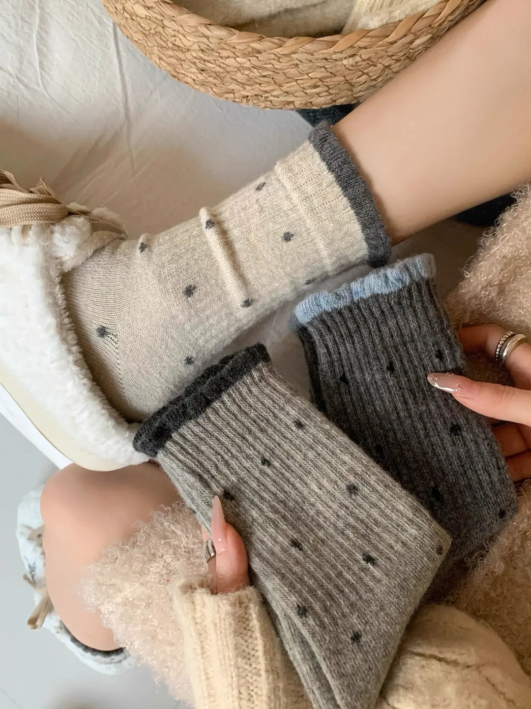 Polka Dot Socks for Women, Mid-Calf Socks, Warm Gray Series, Trendy Slouch Socks, Versatile Winter Long Socks, Zhuji Socks for Women — feature 1