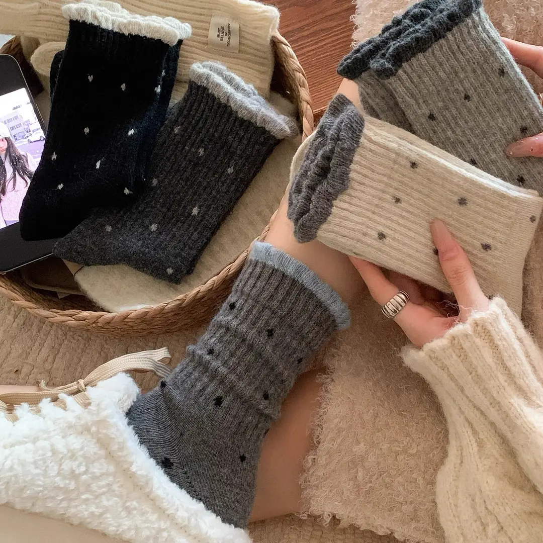 Polka Dot Socks for Women, Mid-Calf Socks, Warm Gray Series, Trendy Slouch Socks, Versatile Winter Long Socks, Zhuji Socks for Women — feature 4