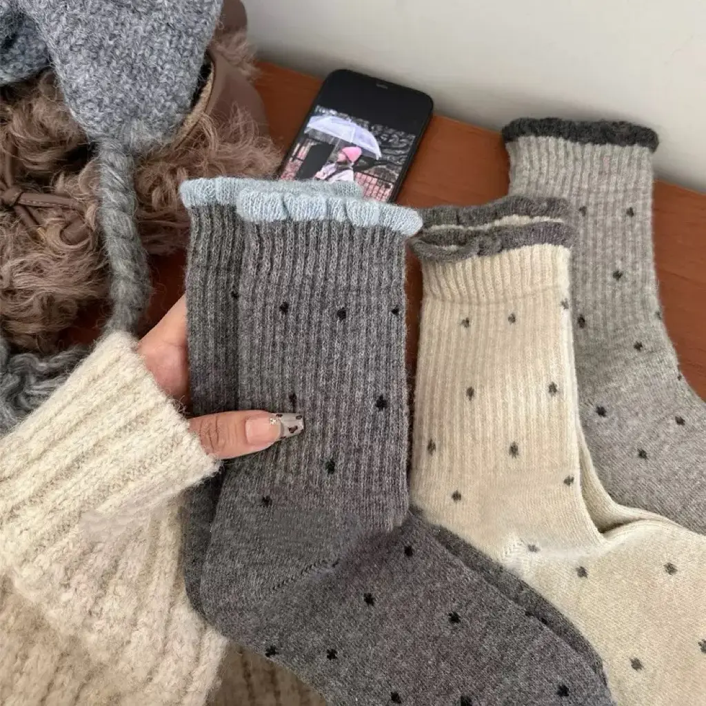 Polka Dot Socks for Women, Mid-Calf Socks, Warm Gray Series, Trendy Slouch Socks, Versatile Winter Long Socks, Zhuji Socks for Women — feature 8