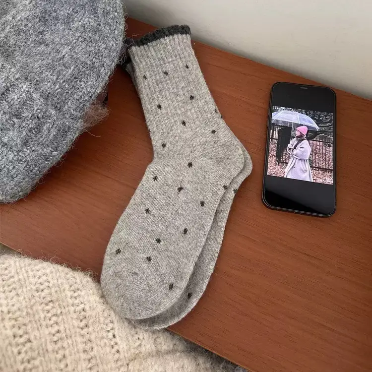 Polka Dot Socks for Women, Mid-Calf Socks, Warm Gray Series, Trendy Slouch Socks, Versatile Winter Long Socks, Zhuji Socks for Women