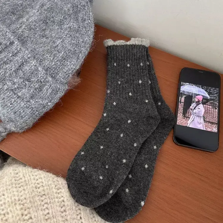 Polka Dot Socks for Women, Mid-Calf Socks, Warm Gray Series, Trendy Slouch Socks, Versatile Winter Long Socks, Zhuji Socks for Women