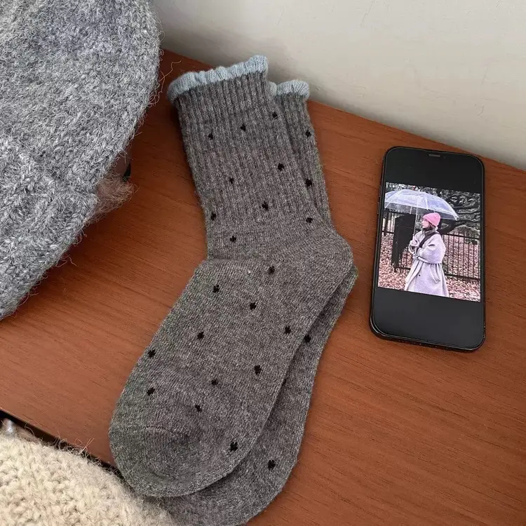 Polka Dot Socks for Women, Mid-Calf Socks, Warm Gray Series, Trendy Slouch Socks, Versatile Winter Long Socks, Zhuji Socks for Women