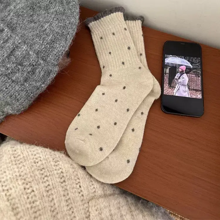 Polka Dot Socks for Women, Mid-Calf Socks, Warm Gray Series, Trendy Slouch Socks, Versatile Winter Long Socks, Zhuji Socks for Women