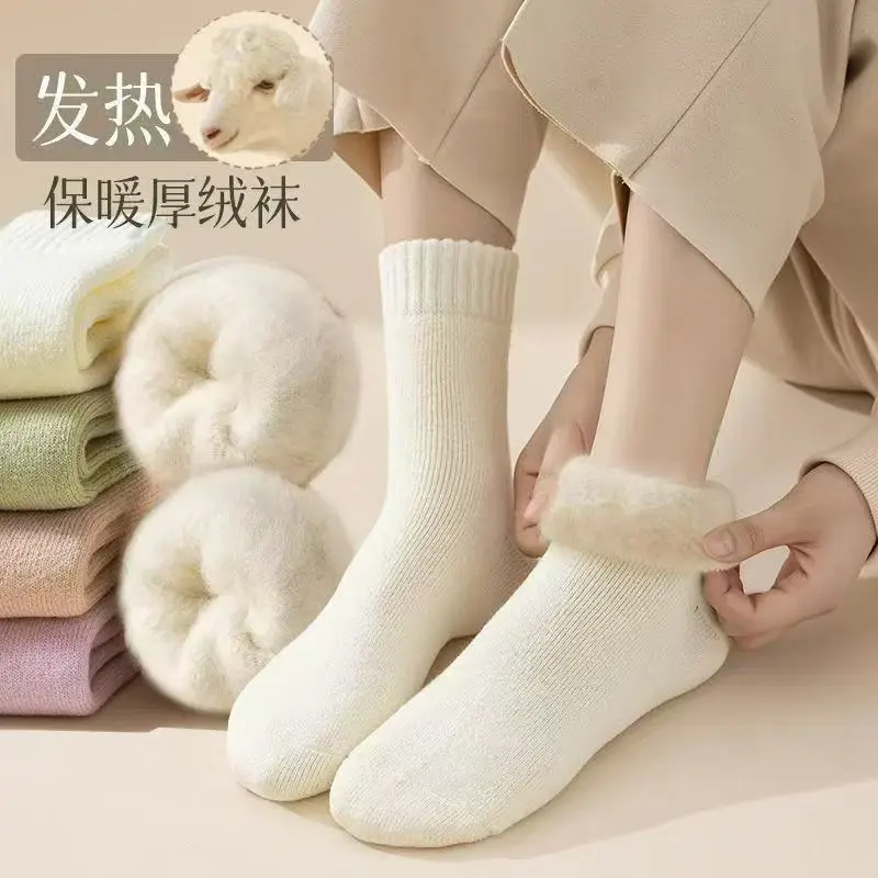 Autumn and Winter Socks for Women, Warm Terry Socks, Mid-Calf Socks, Cashmere Deodorant, Thickeneded Fleece-Lined Stockings, Plush Zhuji