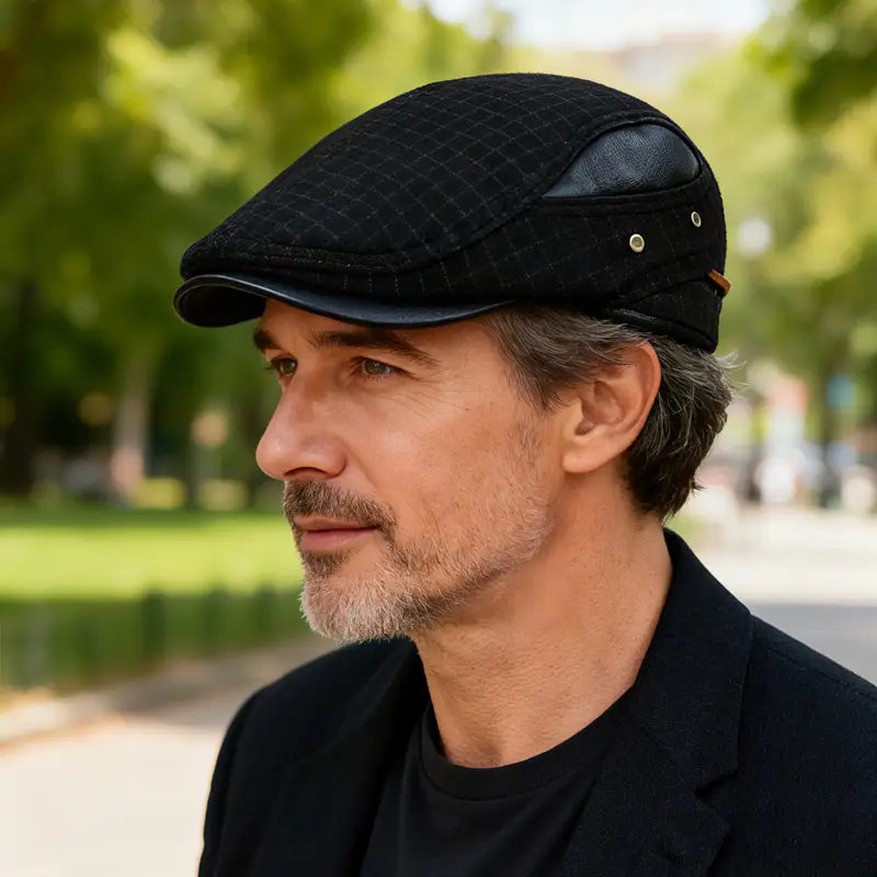 Men's Plaid Duck Cap Hat Brown Warm - Image 5